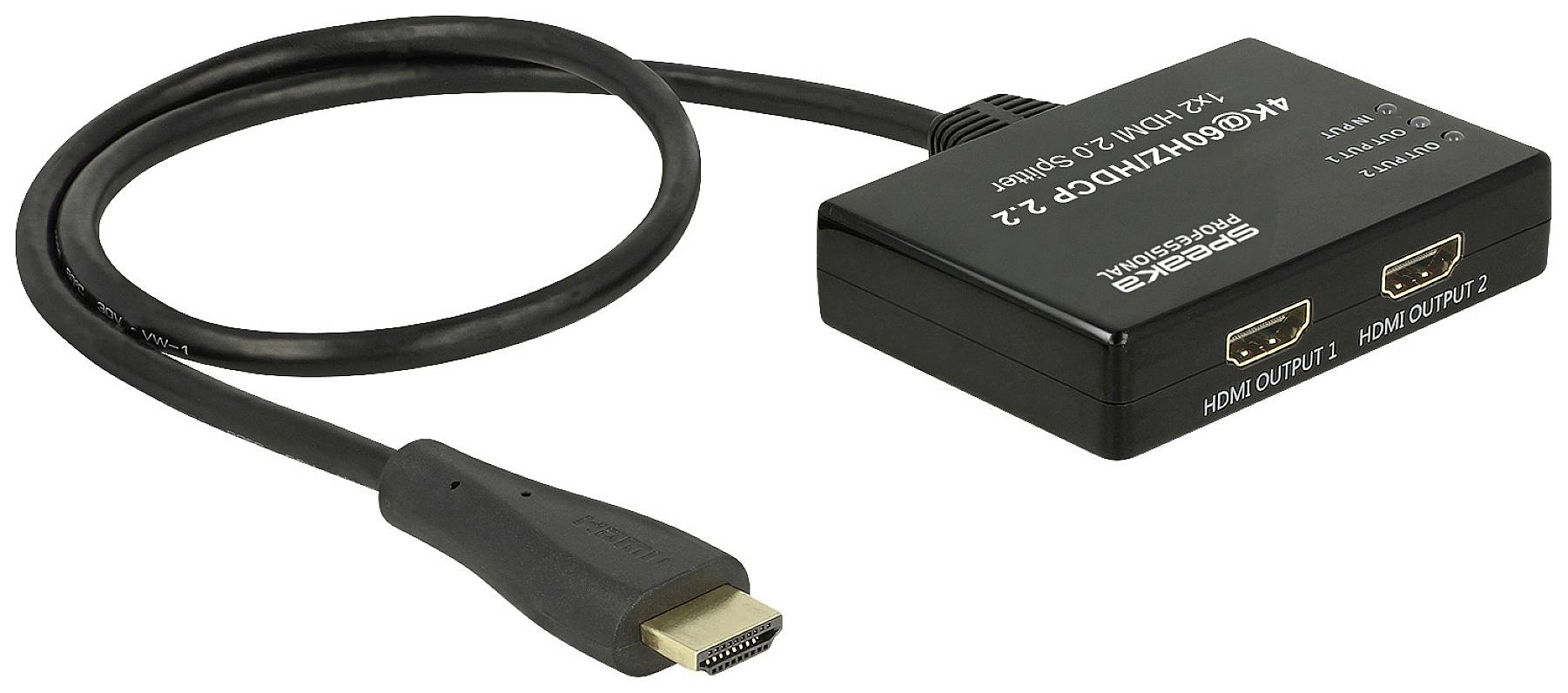 Černý HDMI rozbočovač se dvěma výstupy a jedním vstupem. Slouží k rozdělení HDMI signálu na dva displeje.