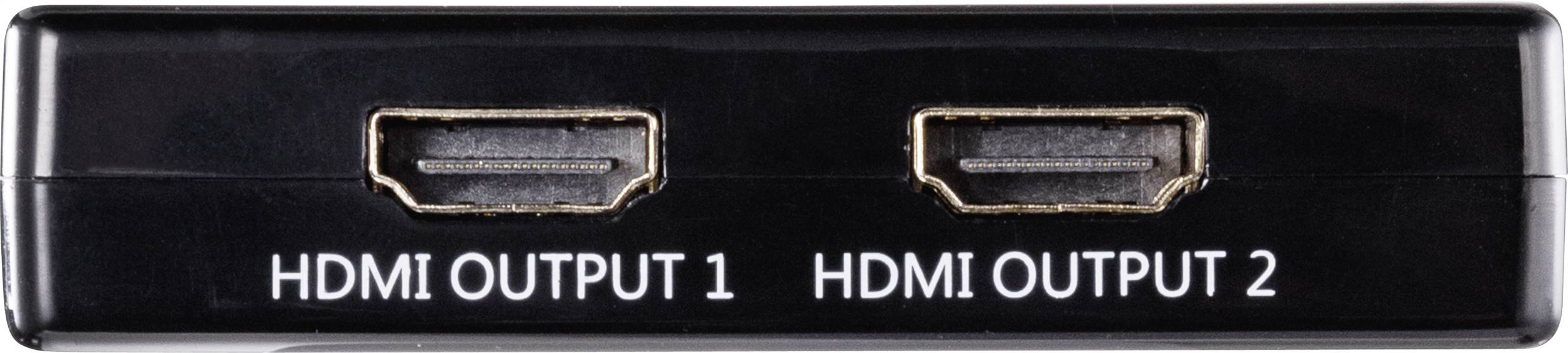 Dva HDMI výstupy na jednom zařízení, označené štítky 'HDMI OUTPUT 1' a 'HDMI OUTPUT 2', určené pro připojení k obrazovkám.