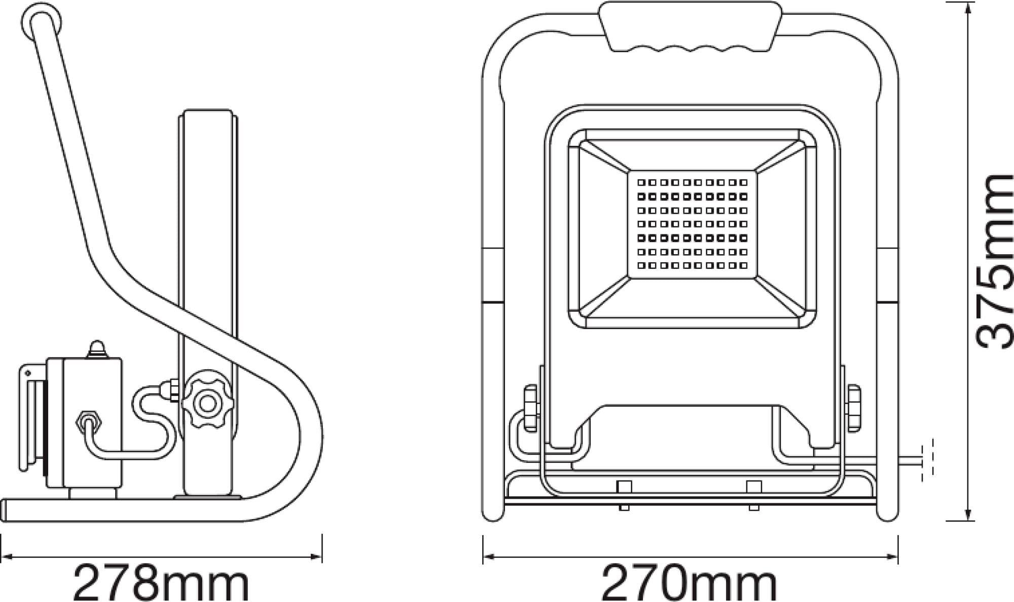 Technický nákres LED stavebního reflektoru s bočním a předním pohledem, rozměry: šířka 270 mm, hloubka 278 mm, výška 375 mm.
