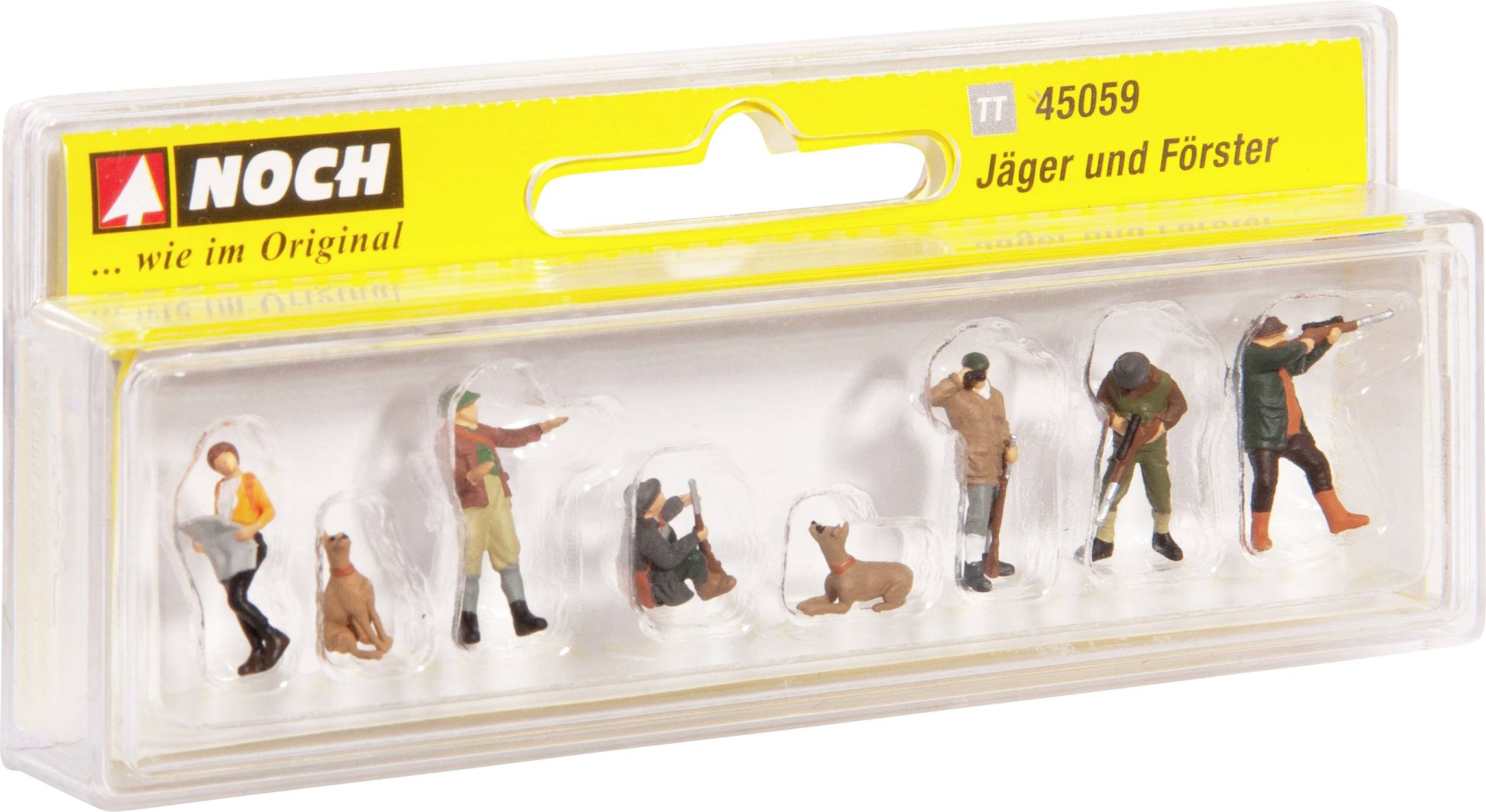 Balení s miniaturními figurkami lovců a lesníků, včetně psa, pro modelářské účely.
