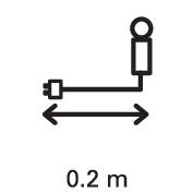 Symbol na černém pozadí zobrazuje zástrčku, kabel a zařízení s šipkou a popiskem „0,2 m".