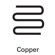 Bílá, hadovitě tvarovaná trubka s nápisem 'Copper' pod ní na černém pozadí.