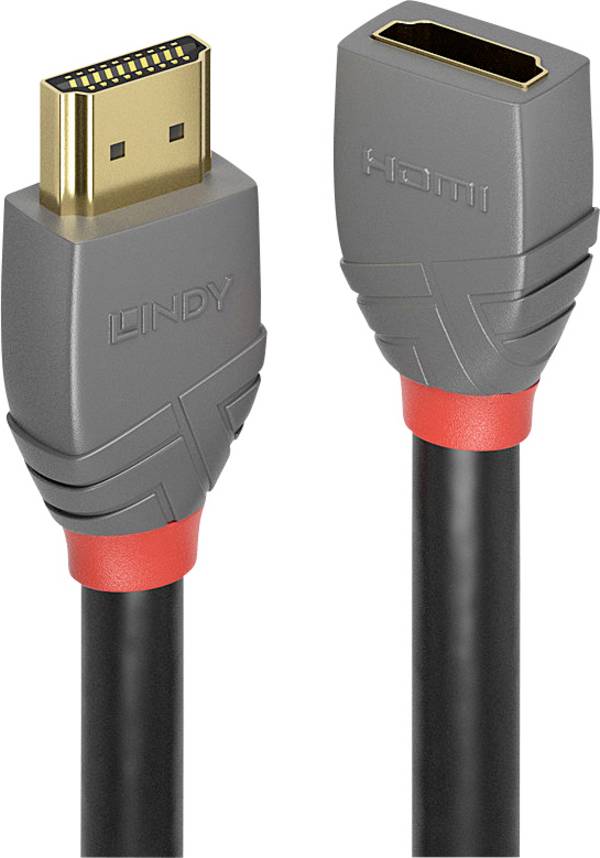 LINDY HDMI prodlužovací kabel Zástrčka HDMI-A, Zásuvka HDMI-A 0.50 m antracitová, černá, červená 36475 4K UHD, pozlacené kontakty HDMI kabel