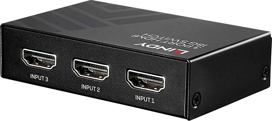 Černý HDMI přepínač se třemi vstupy, označenými jako 'Vstup 1', 'Vstup 2' a 'Vstup 3', od značky Lindy.