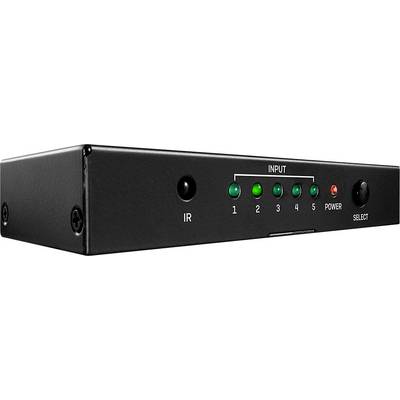 Černý audio přepínač s pěti osvětlenými vstupními tlačítky a napájecím tlačítkem. Vlevo indikátor infračerveného přijímače.