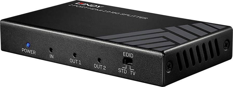 HDMI rozbočovač se dvěma výstupy, jedním vstupem, LED indikátory a EDID přepínačem na přední straně.