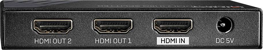 'HDMI rozbočovač se dvěma HDMI výstupy, jedním HDMI vstupem a DC 5V připojením, pohled zepředu.'