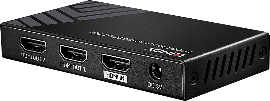 Rozbočovač HDMI se třemi HDMI porty a jedním připojením napájení. Je černý a nese značku 'Lindy'.