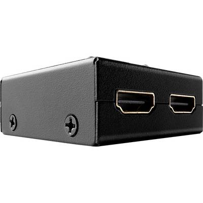 Černý HDMI rozbočovač s dvěma HDMI porty a dvěma šrouby po stranách, umístěný na bílém pozadí.