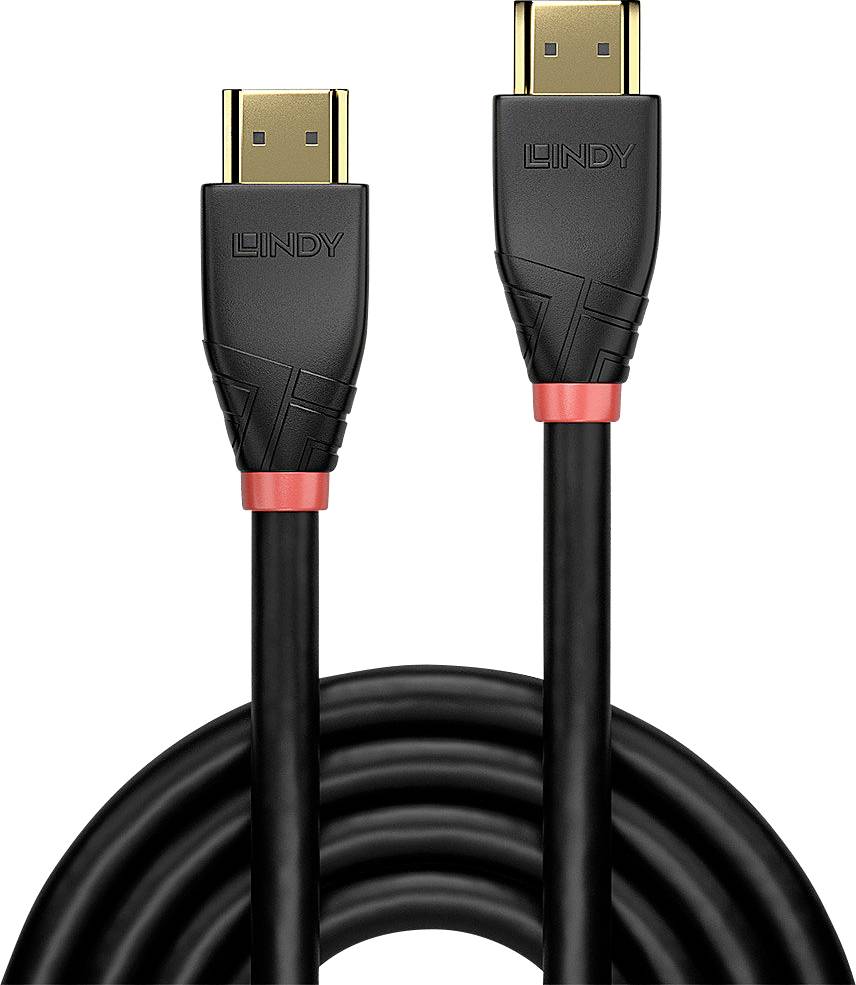 Dva černé HDMI kabely s červenými kroužky, značka 'LINDY'.