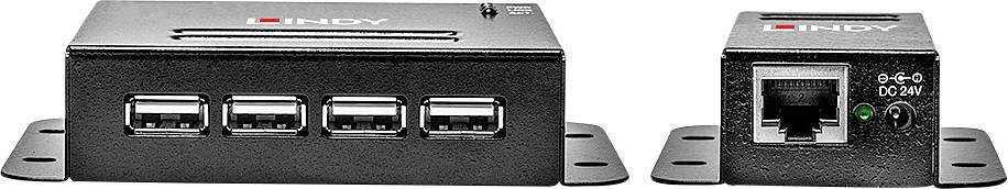 USB prodlužovací jednotka: Pohled zepředu ukazuje čtyři USB porty, pohled z boku obsahuje ethernetový port a zásuvku napájení.