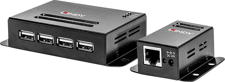 Dva černé elektronické přístroje s USB porty. Větší zařízení má čtyři USB porty, menší má jeden ethernetový port.