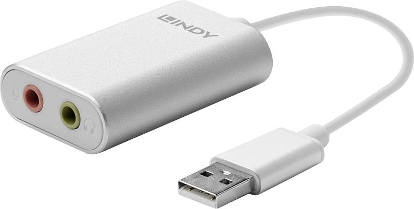 Adaptér pro audio s USB zástrčkou, stříbrné šasi, má dvě zdířky: jednu červenou pro mikrofon a jednu zelenou pro sluchátka nebo reproduktory.