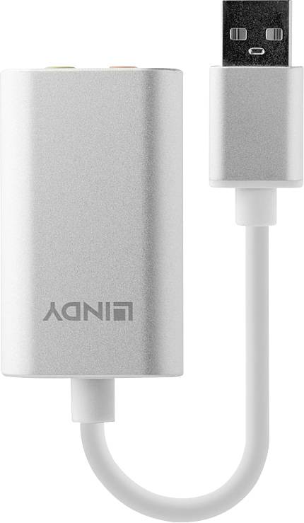 Externí USB zvukový adaptér ve stříbrné barvě se třemi konektory na přední straně. Připojuje se pomocí krátkého kabelu s USB zástrčkou.