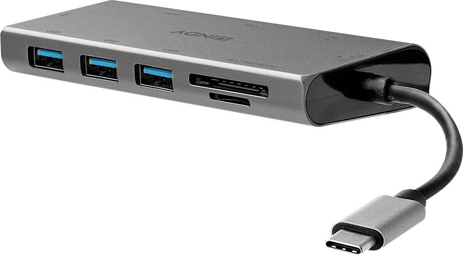 LINDY 43278 USB-C® konvertor [1x USB-C® zástrčka - 3x USB 3.2 gen. 1 zásuvka A, VGA zásuvka, HDMI zásuvka, RJ45 zásuvka,-2