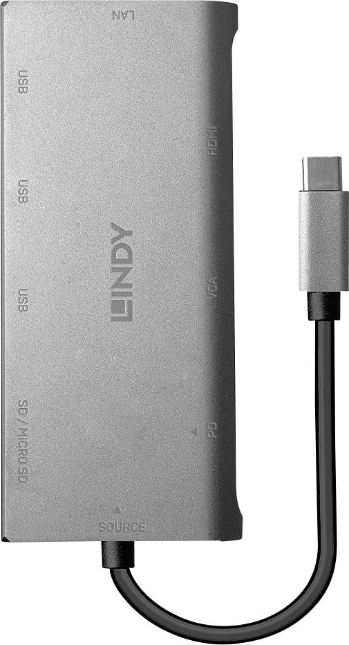 LINDY 43278 USB-C® konvertor [1x USB-C® zástrčka - 3x USB 3.2 gen. 1 zásuvka A, VGA zásuvka, HDMI zásuvka, RJ45 zásuvka,-3