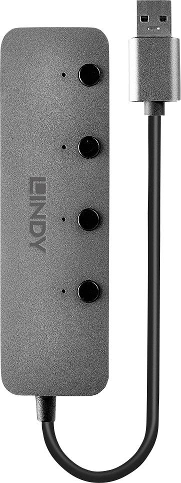 USB hub od značky Lindy v šedé barvě se třemi USB porty a krátkým kabelem.