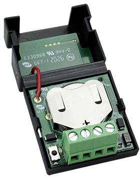 Otevřené elektronické zařízení ukazuje kruhovou baterii, zelené připojovací svorky a desku plošných spojů s elektronickými komponenty.