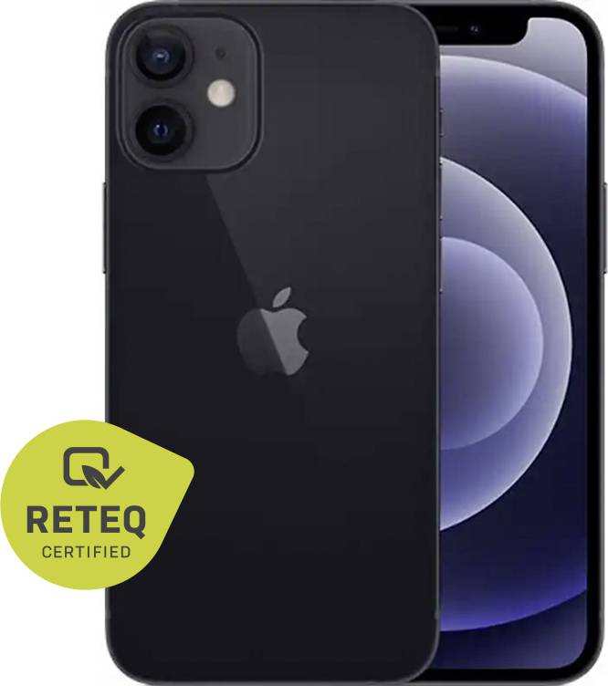 Černý iPhone zobrazený zepředu i zezadu, s duálním zadním fotoaparátem a odznákem „RETEQ CERTIFIED" v levém dolním rohu.