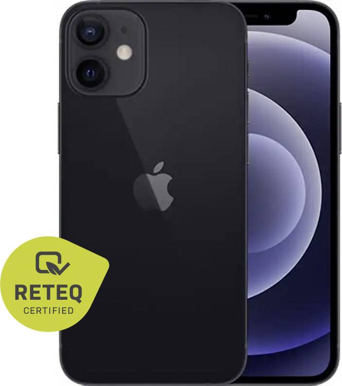 Černý iPhone zobrazen zepředu i zezadu s dvěma zadními fotoaparáty a znakem 'RETEQ CERTIFIED'.