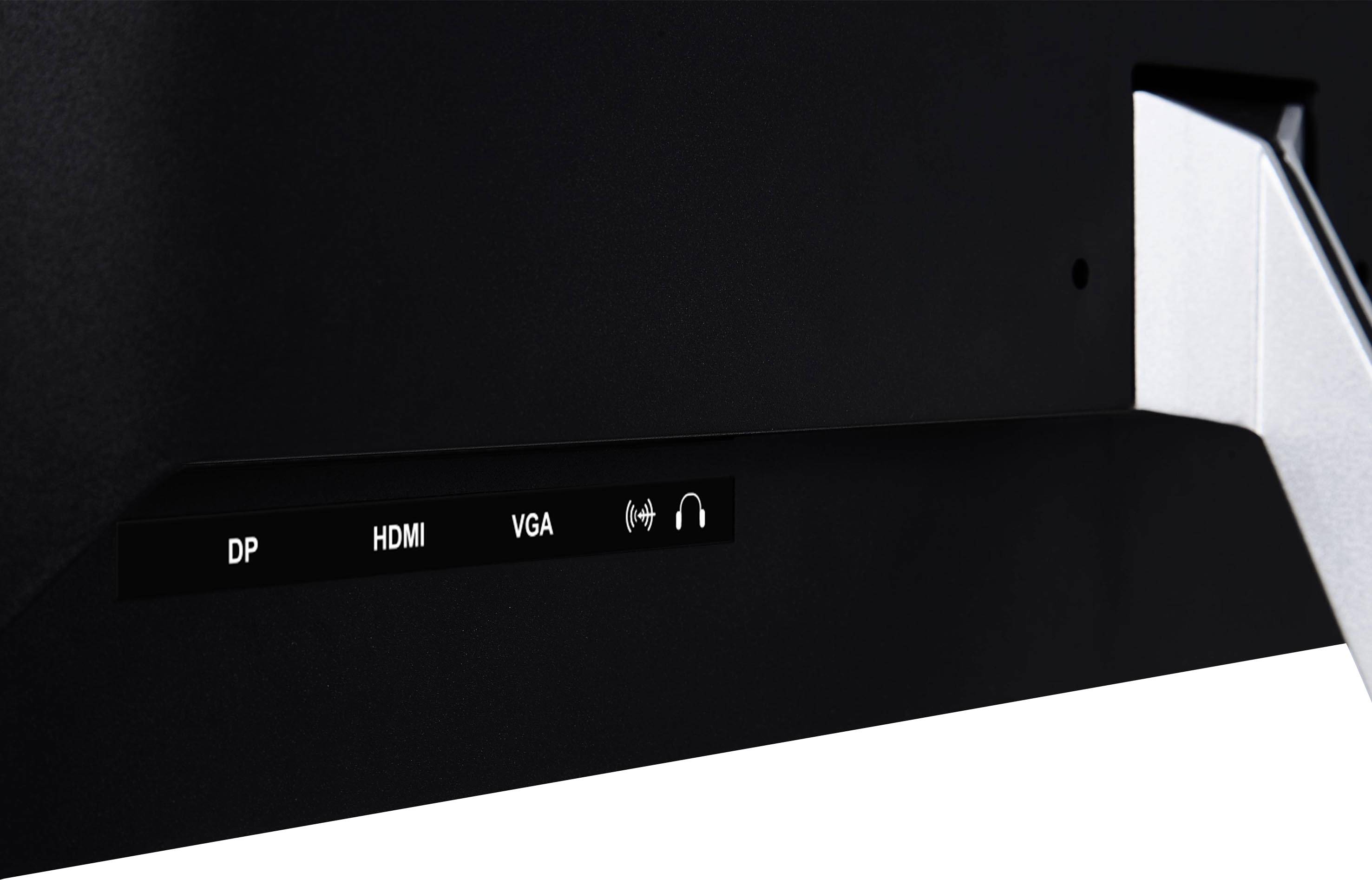 Zadní strana monitoru s konektory: DisplayPort, HDMI, VGA a zdířka pro sluchátka.