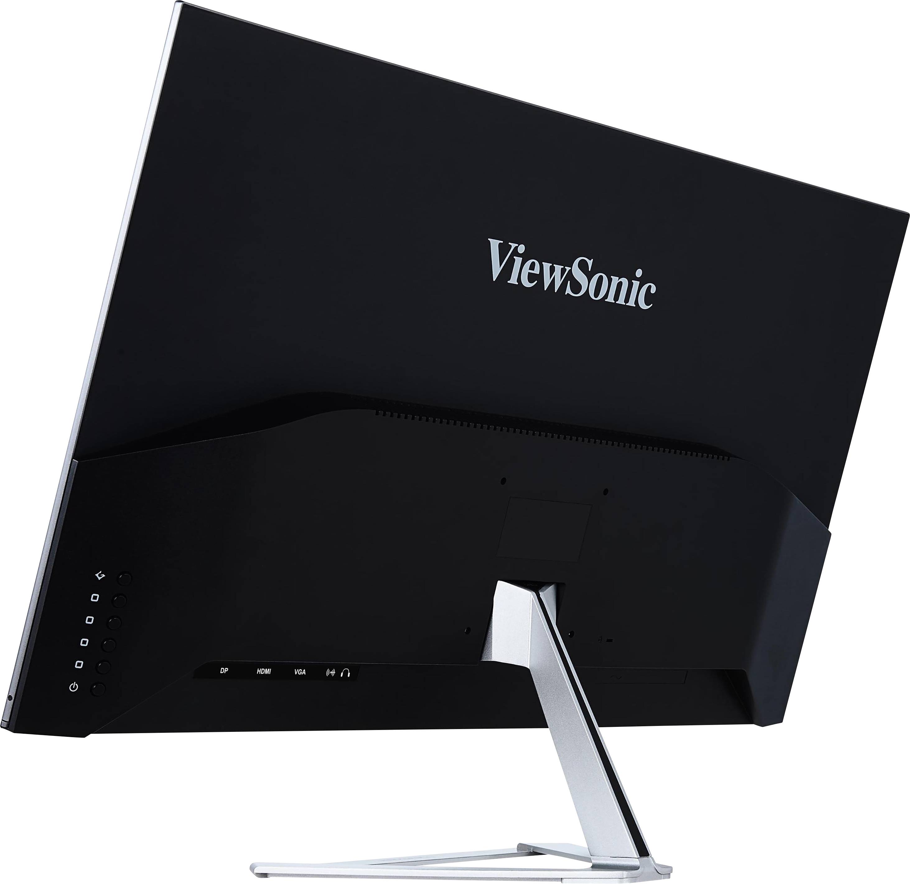 Pohled zezadu na monitor ViewSonic s černým tělem a stříbrným stojanem. Firemní logo je dobře viditelně vytištěno.