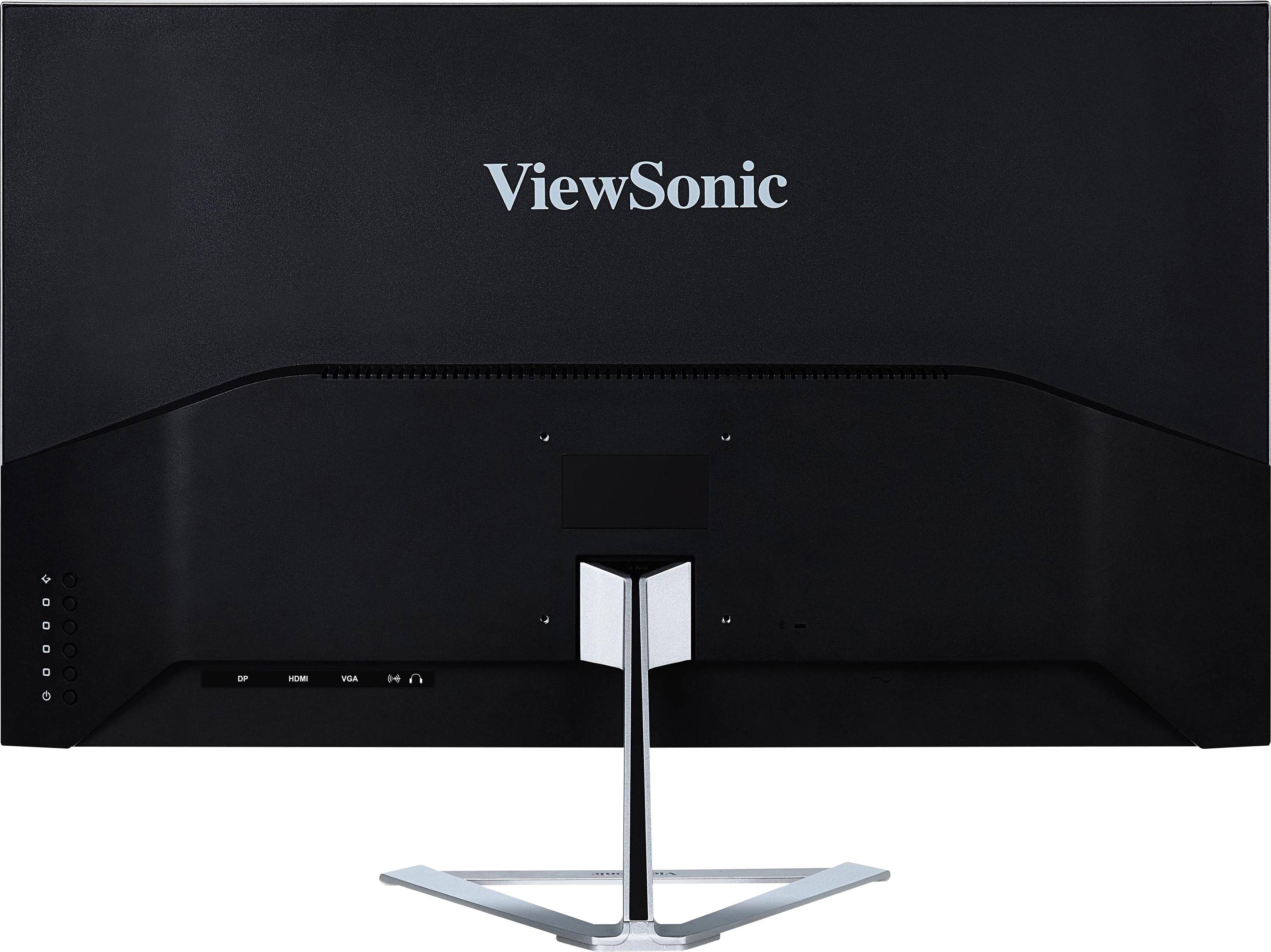 Pohled zezadu na monitor ViewSonic s černým tělem a stříbrným stojanem.