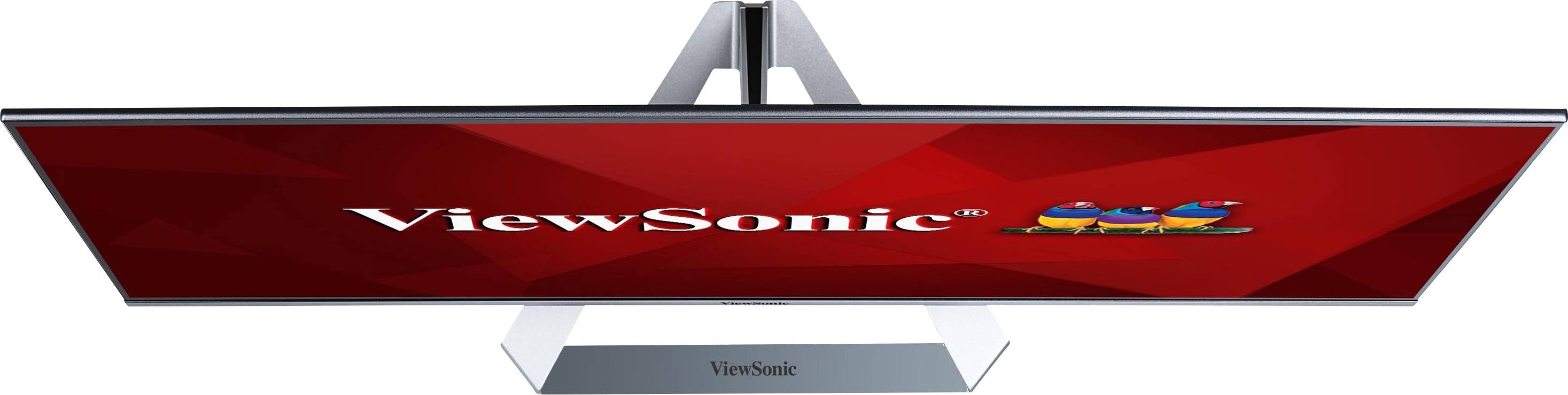 Štíhlý monitor pohledem shora, s červeným displejem a logem 'ViewSonic'. Tři barevní ptáci jsou součástí loga.