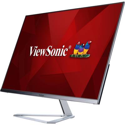 Monitor se znakem ViewSonic na červeném pozadí zobrazující tři barevné ptáky.