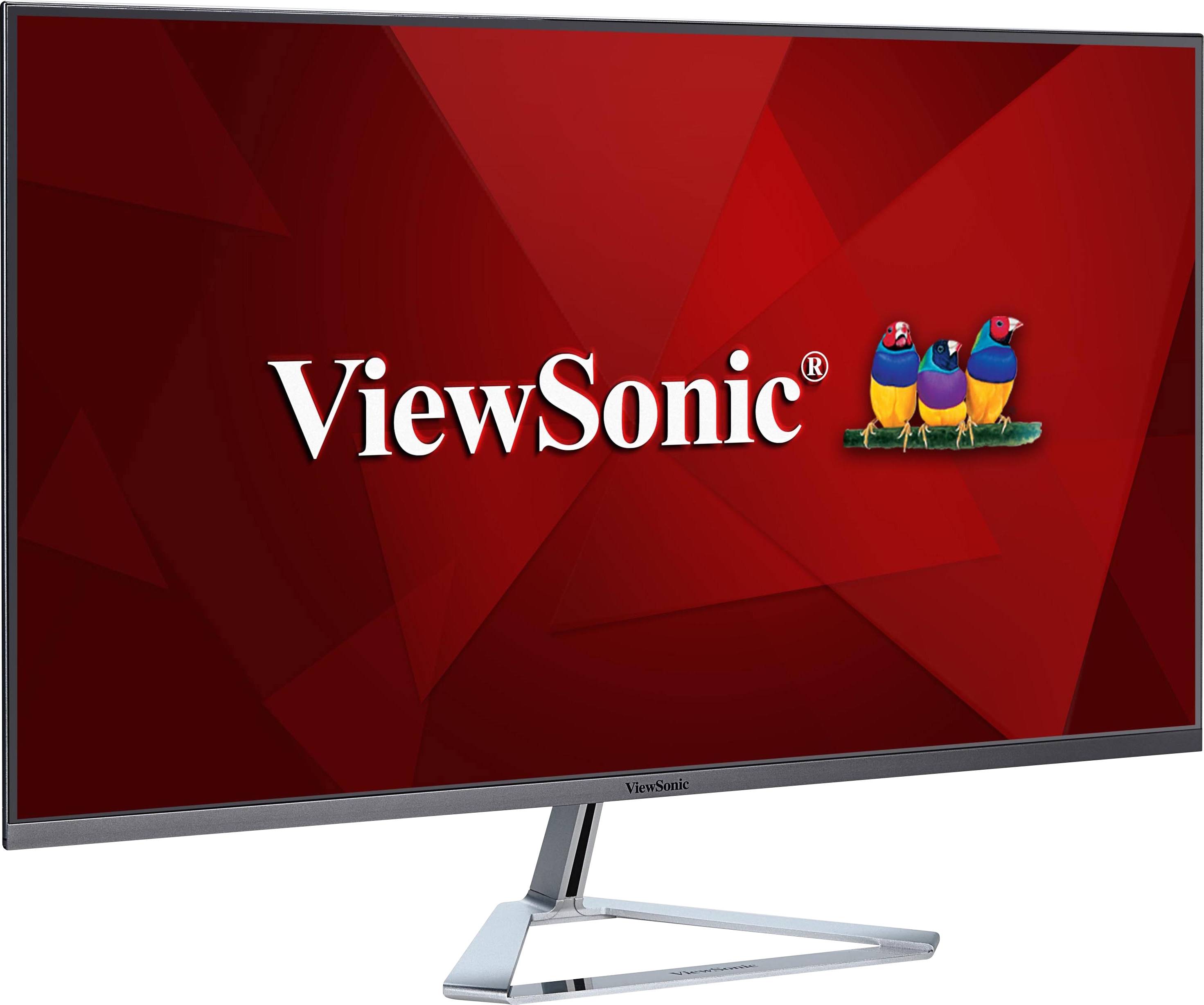 Monitor s červeným pozadím zobrazuje logo společnosti ViewSonic a obrázek tří barevných ptáků.