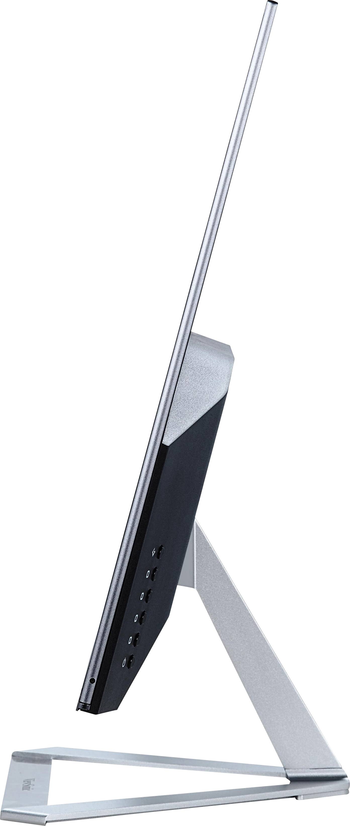 Ultratenký počítačový monitor z bočního pohledu. Obrazovka je plochá a má elegantní, minimalistický design.