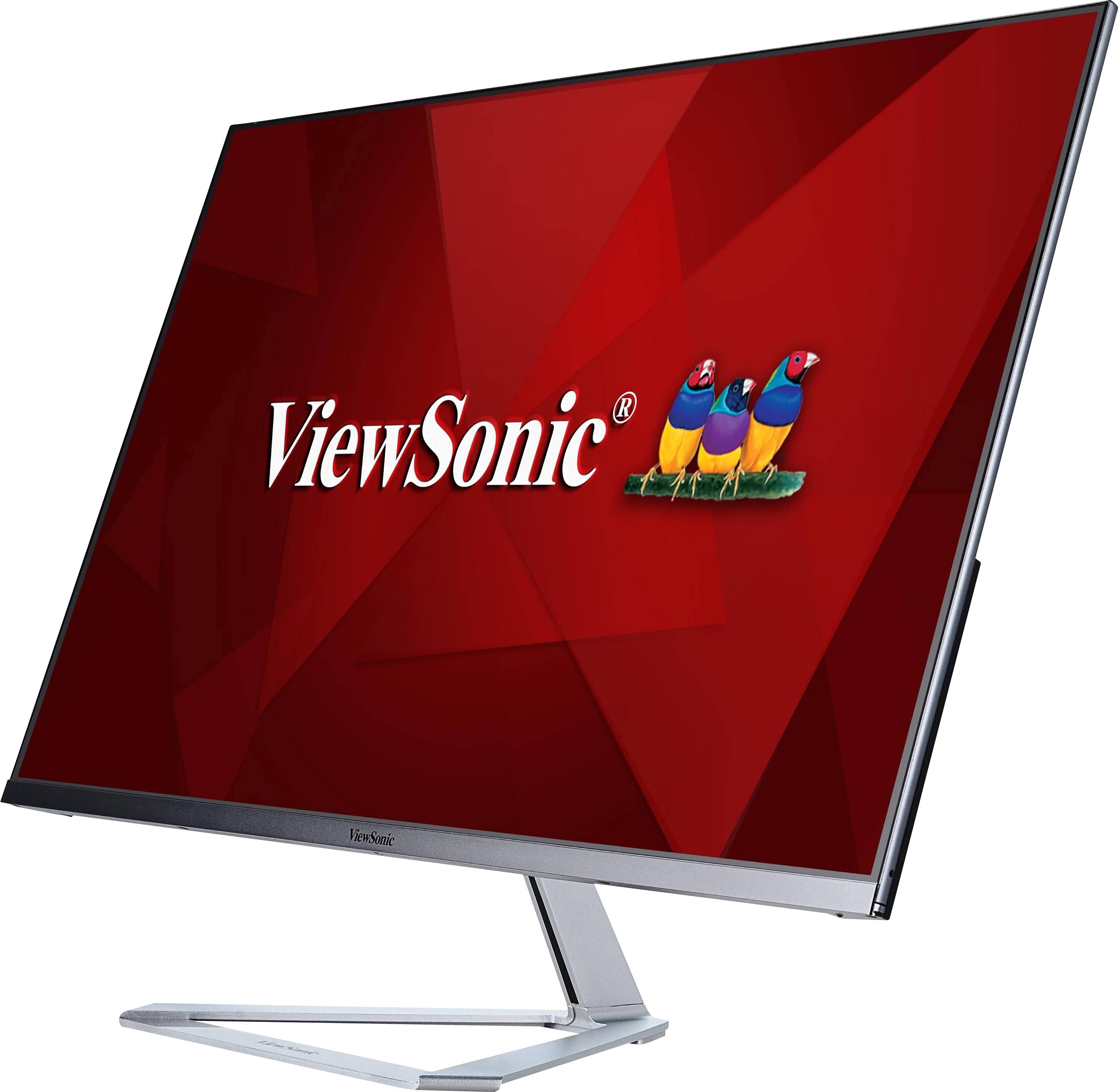 Monitor zobrazuje logo ViewSonic na červeném pozadí. Obrazovka je umístěna šikmo v moderním, elegantním designu.