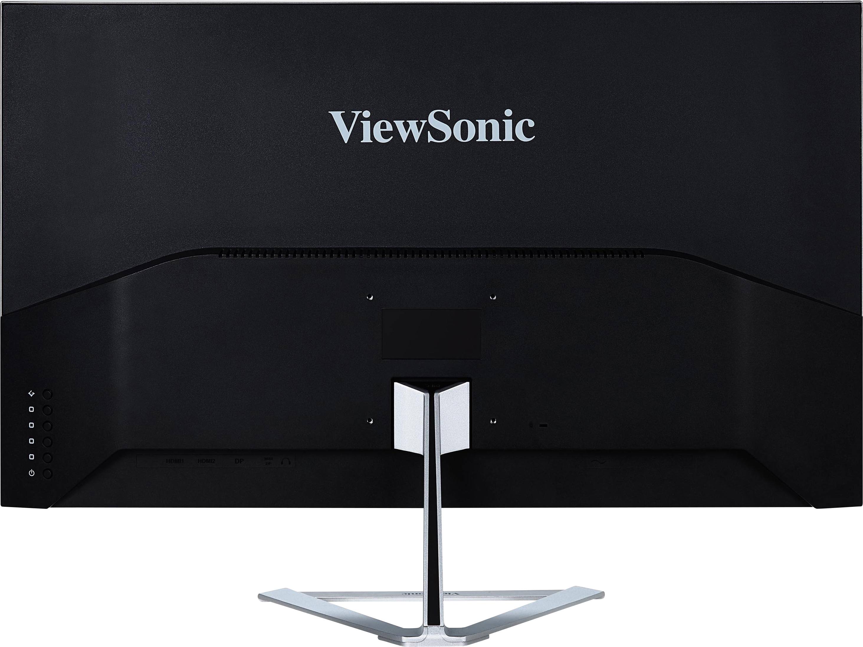 Černý monitor značky ViewSonic se lesklým, kovovým stojanem, zachycený pohled zezadu.
