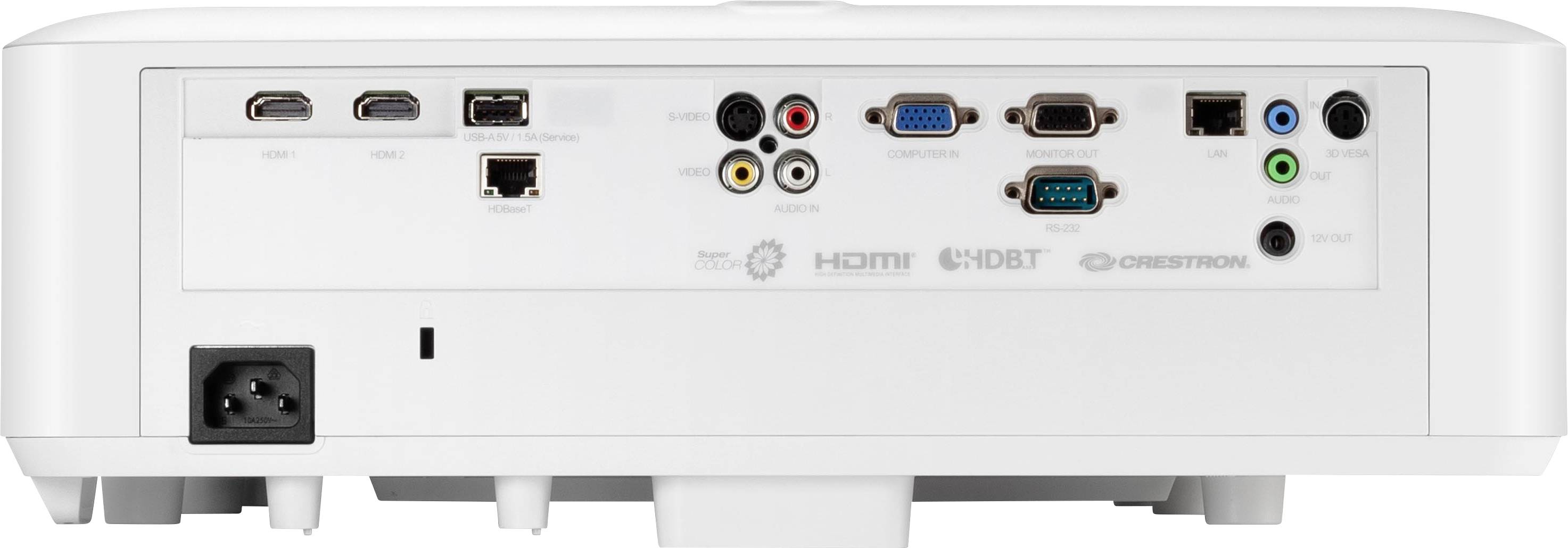 Zadní strana projektoru s různými možnostmi připojení, včetně portů HDMI, VGA, USB a audiových vstupů/výstupů.