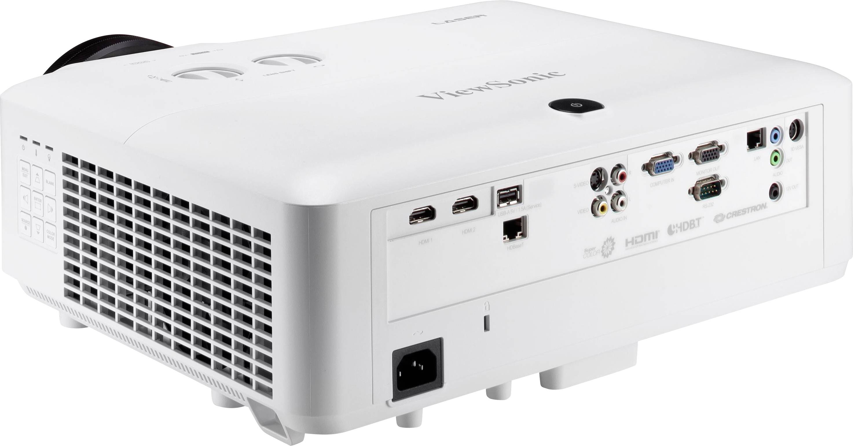 Bílý projektor s několika porty na zadní straně, včetně HDMI, VGA a USB. Vhodný pro prezentace a přehrávání médií.