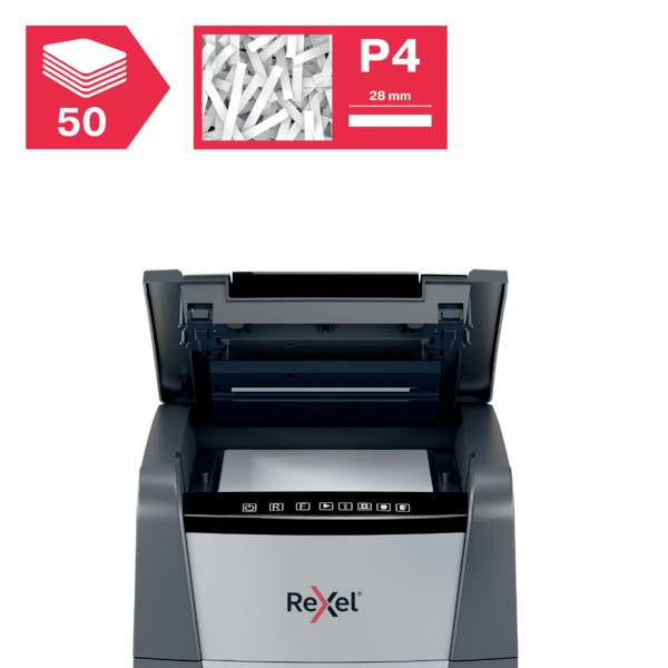 Rexel Optimum AutoFeed+ 50X skartovačka 50 listů mikrořez 4 x 28 mm P-4 20 l Křížový řez kancelářské sponky, sponky do s-3