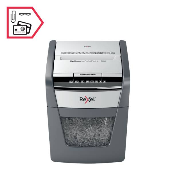 Rexel Optimum AutoFeed+ 50X skartovačka 50 listů mikrořez 4 x 28 mm P-4 20 l Křížový řez kancelářské sponky, sponky do s-5