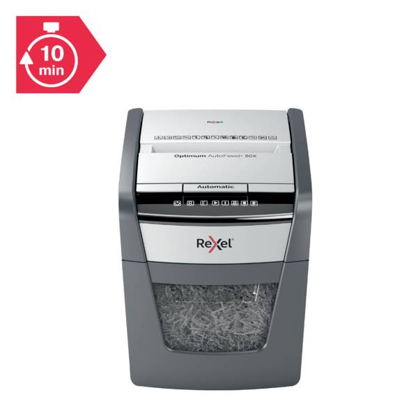 Rexel Optimum AutoFeed+ 50X skartovačka 50 listů mikrořez 4 x 28 mm P-4 20 l Křížový řez kancelářské sponky, sponky do s-7