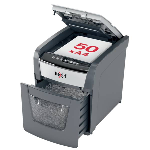 Rexel Optimum AutoFeed+ 50X skartovačka 50 listů mikrořez 4 x 28 mm P-4 20 l Křížový řez kancelářské sponky, sponky do s-8