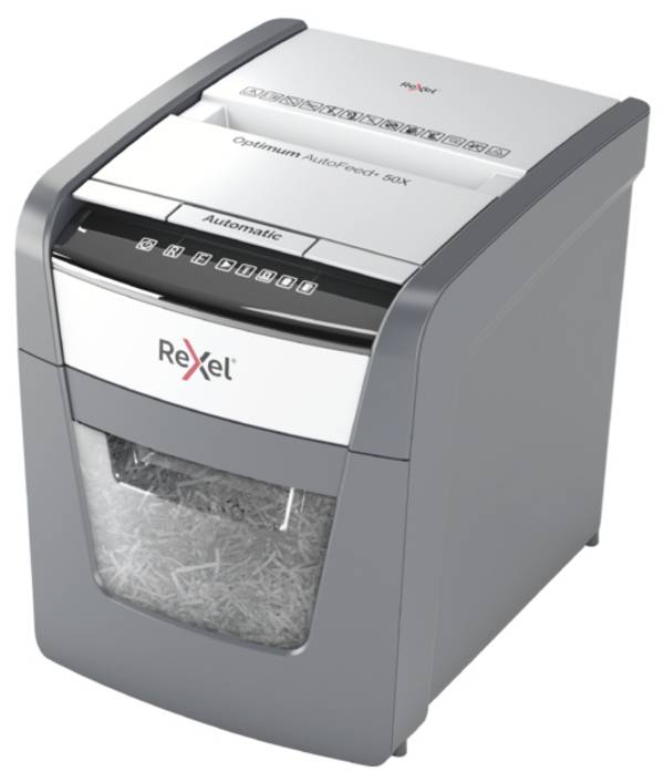 Rexel Optimum AutoFeed+ 50X skartovačka 50 listů mikrořez 4 x 28 mm P-4 20 l Křížový řez kancelářské sponky, sponky do sešívačky, kreditní karty