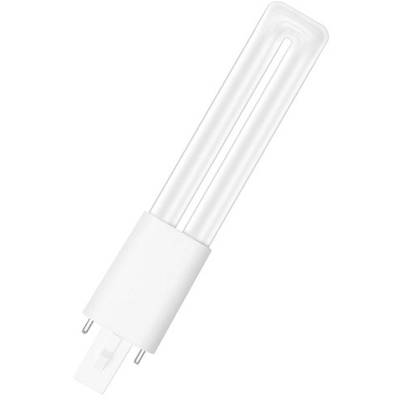 Bílá, protáhlá úsporná zářivka se dvěma kovovými kolíky pro elektrické připojení.