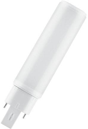 Bílá LED trubková žárovka se dvěma kolíky na konci, vyfotografovaná z úhlu na bílém pozadí.