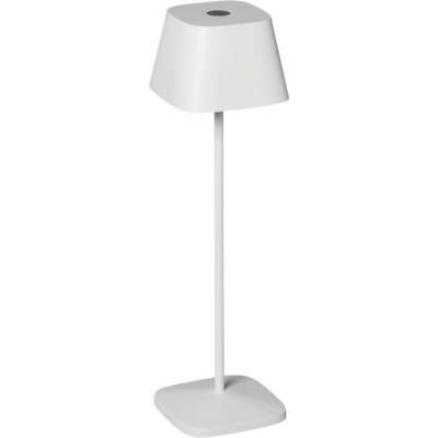 Prostá, moderní stolní lampa s bílým čtvercovým stínidlem a štíhlou, přímočarou základnou.