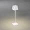 Štíhlá bílá stojací lampa na šedém pozadí, která projektuje světlo dolů na svou základnu. Moderní, minimalistický design.