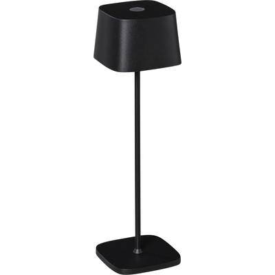 Černá, bezdrátová stolní lampa s čtvercovou základnou a úzkým, vysokým stínidlem.