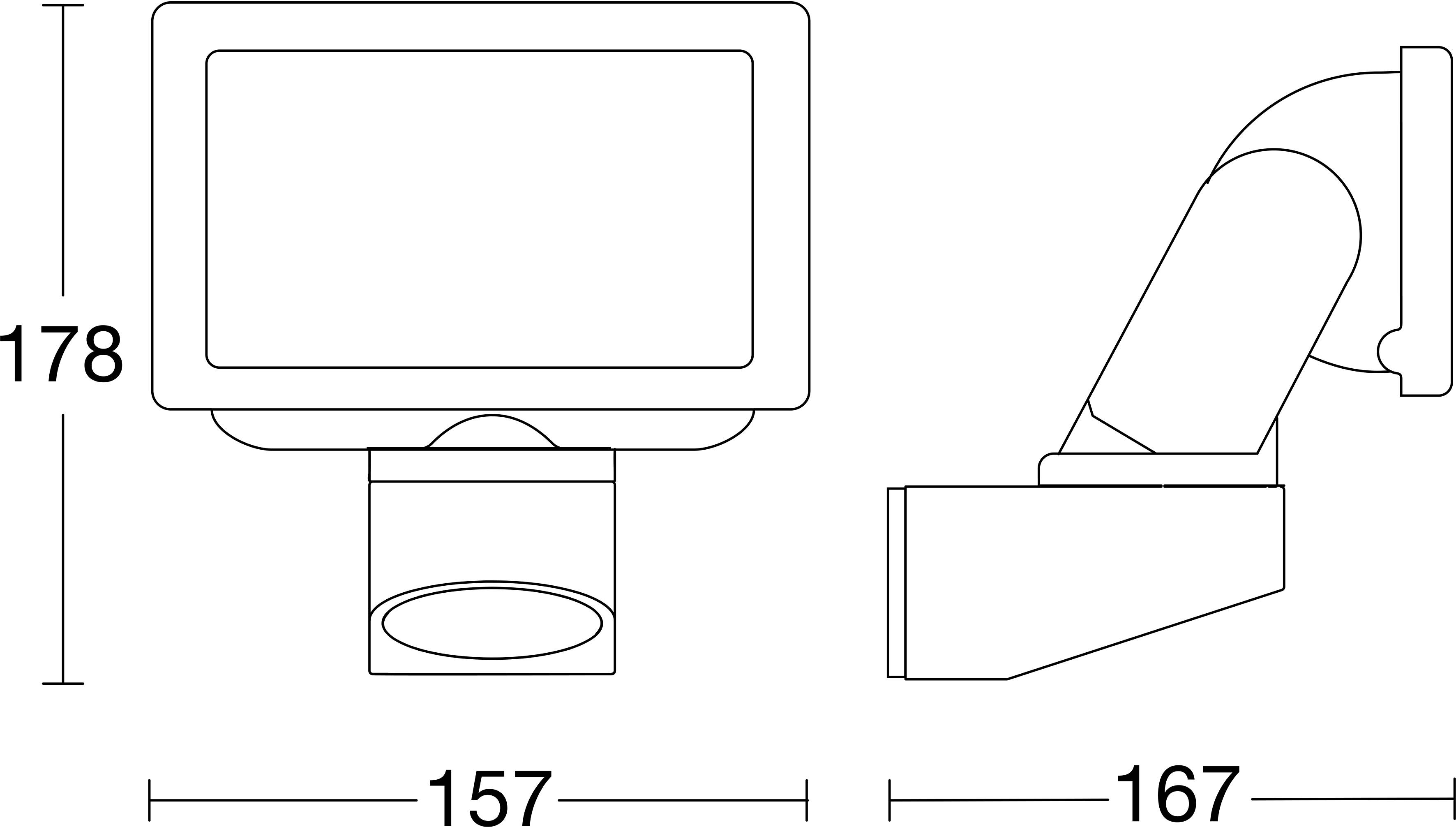Technický nákres nástěnného obdélníkového světelného zařízení zobrazený v předním a bočním pohledu s rozměry 178 cm vysoký, 157 cm široký a 167 cm hluboký.