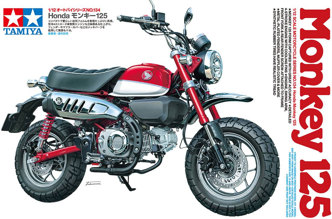 Model motorky Honda Monkey 125 od společnosti Tamiya. Detailní zobrazení vozidla v červené a černé barvě.