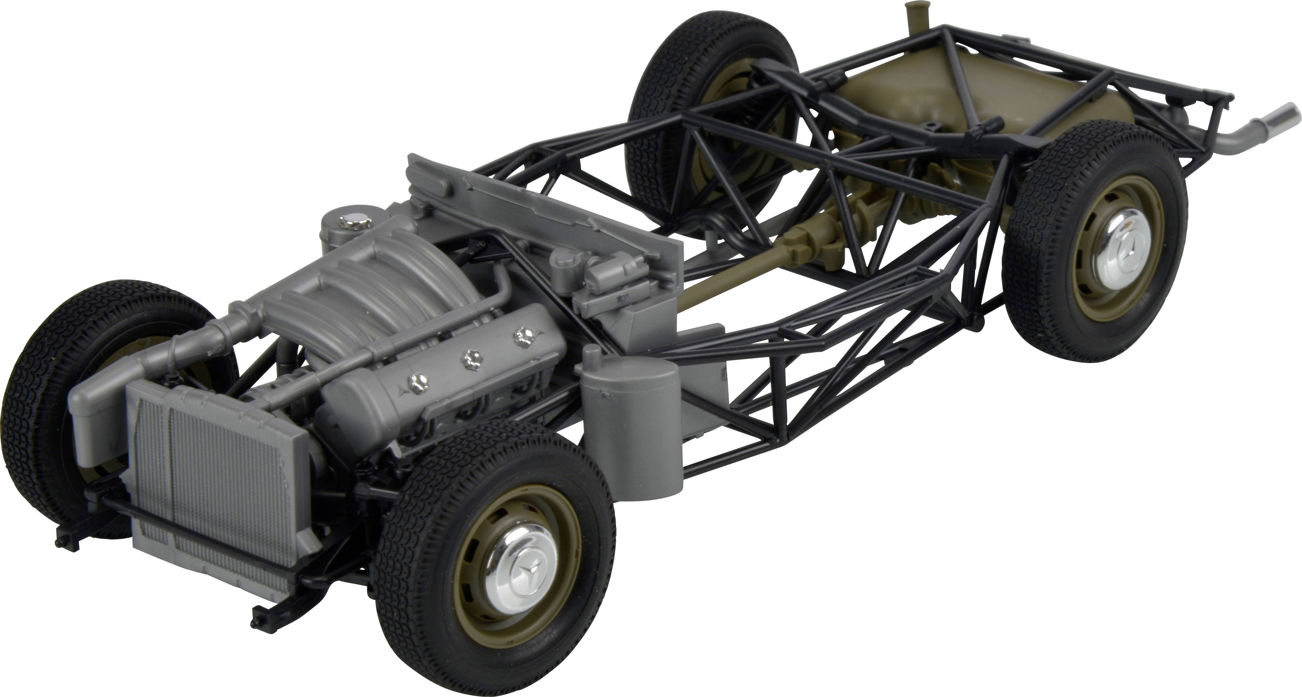 Model automobilového rámu a motoru, který ukazuje základní strukturu vozidla bez karoserie.