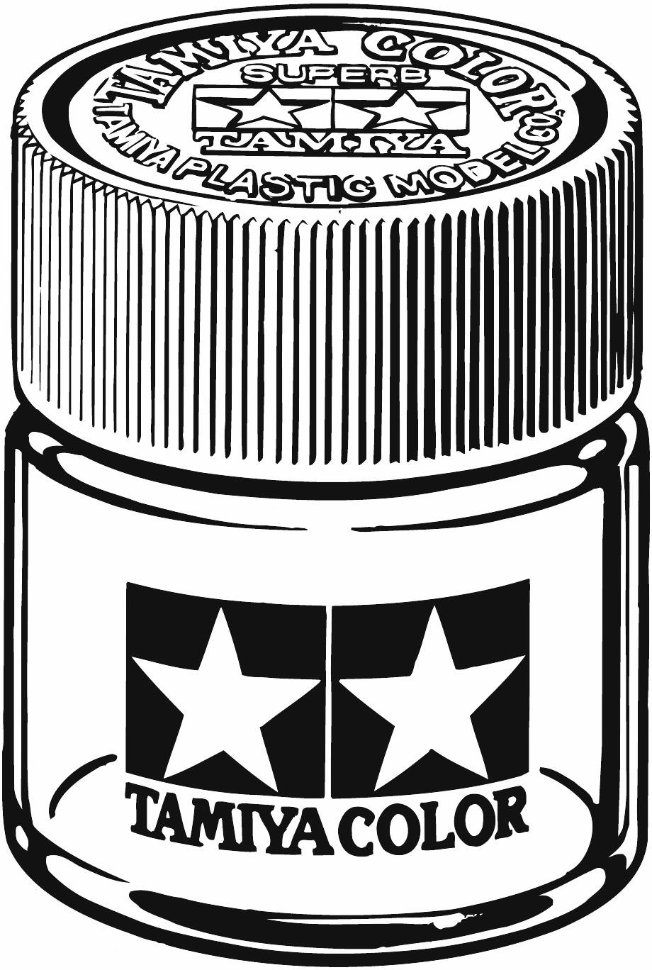 Černobílá ilustrace sklenice s barvou Tamiya s šroubovacím víčkem. Na sklenici jsou dva hvězdičky a text "Tamiya Color".