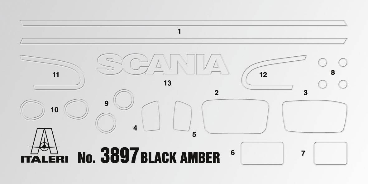 'Arch samolepek pro model Italeri č. 3897: Různé geometrické tvary a nápis SCANIA pro dekoraci, na šedém pozadí.'